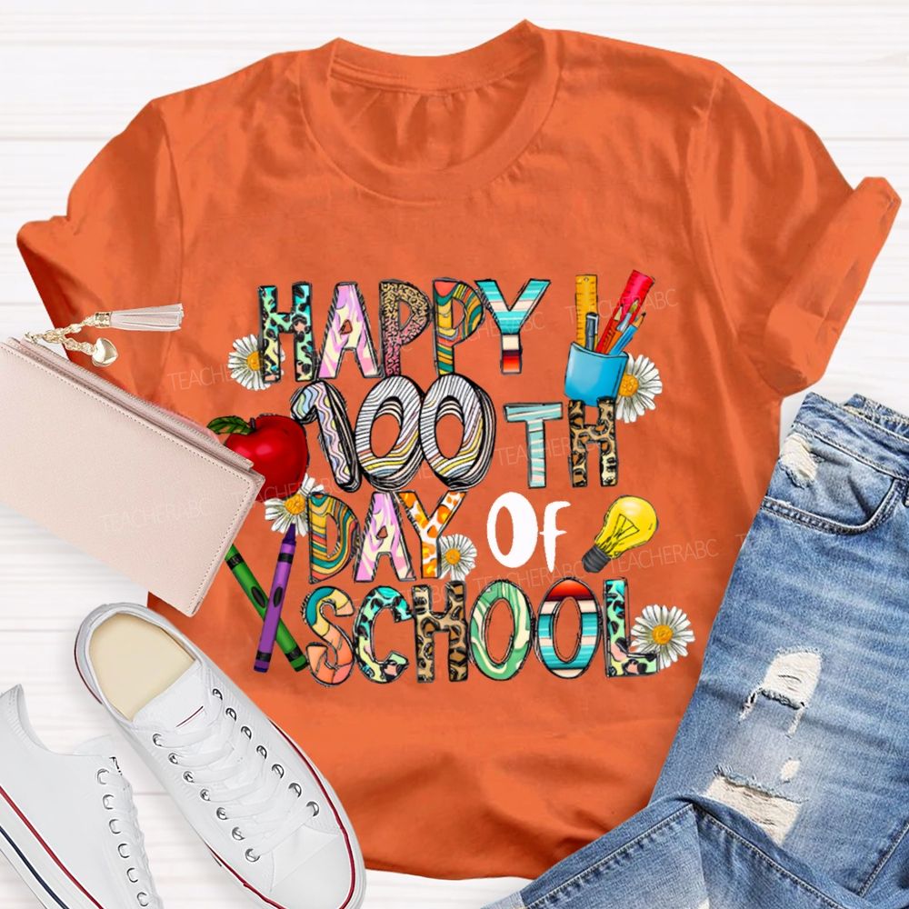 Happy 100th Day Of School Apple And Colored Fonts T-shirt