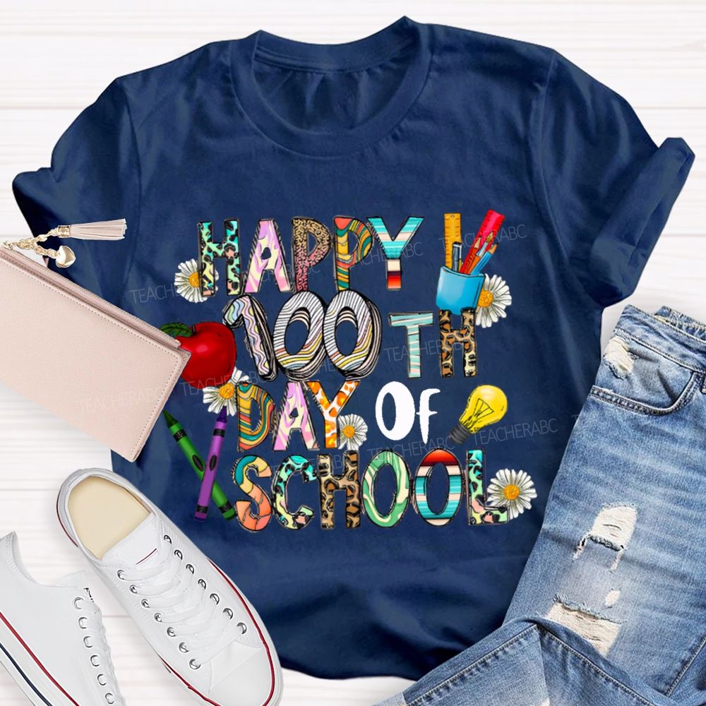 Happy 100th Day Of School Apple And Colored Fonts T-shirt