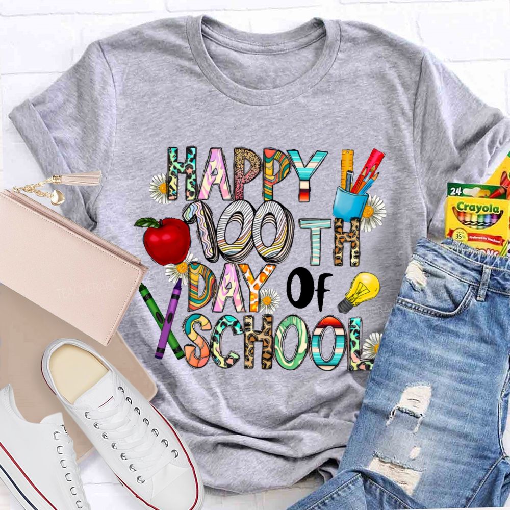 Happy 100th Day Of School Apple And Colored Fonts T-shirt