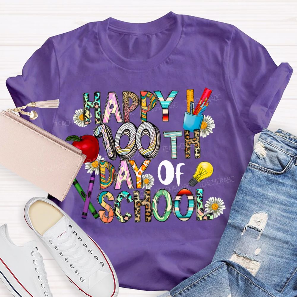 Happy 100th Day Of School Apple And Colored Fonts T-shirt