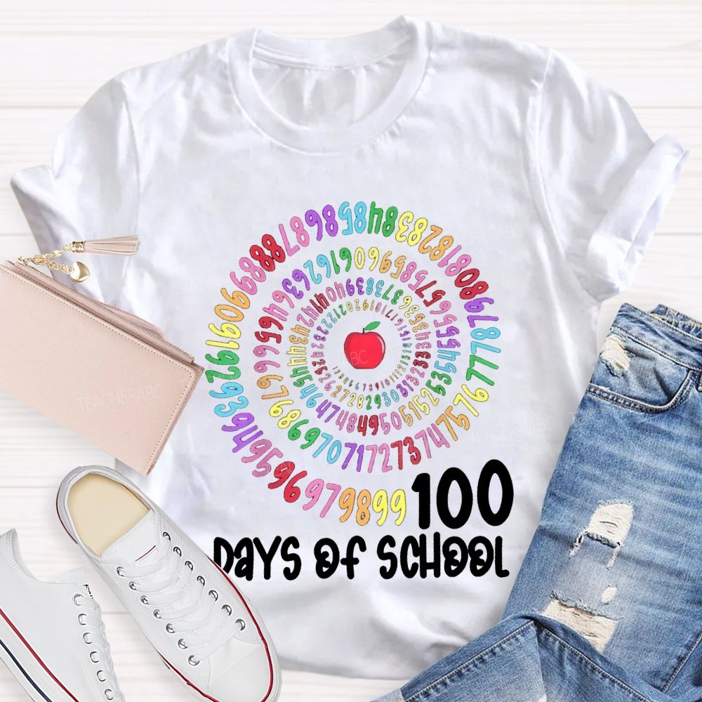 100 Days Of School Apple And Colorful Font Print T-shirt