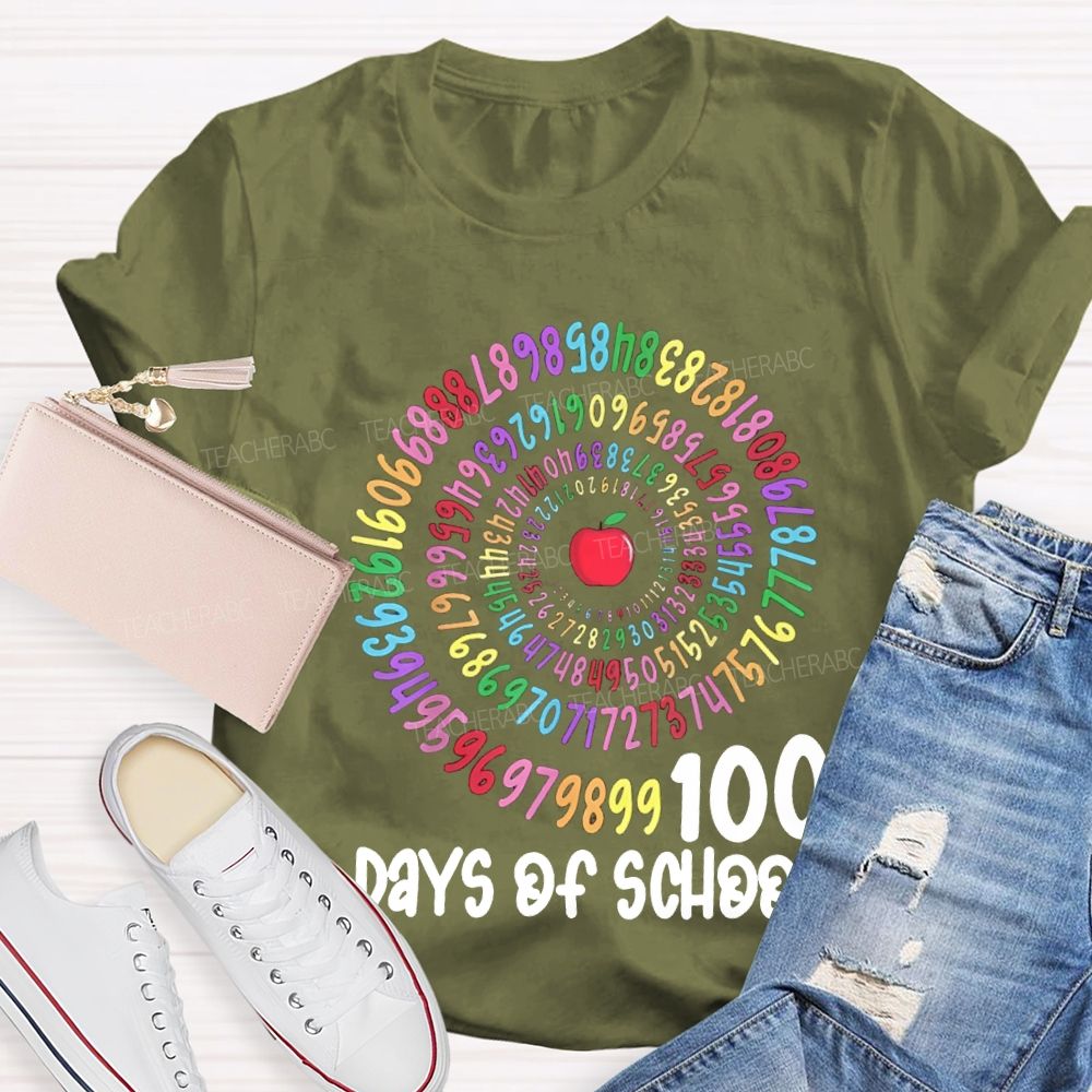 100 Days Of School Apple And Colorful Font Print T-shirt