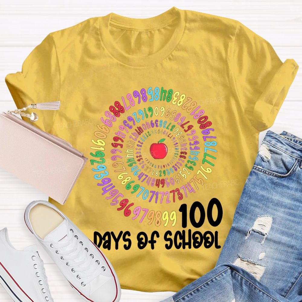 100 Days Of School Apple And Colorful Font Print T-shirt
