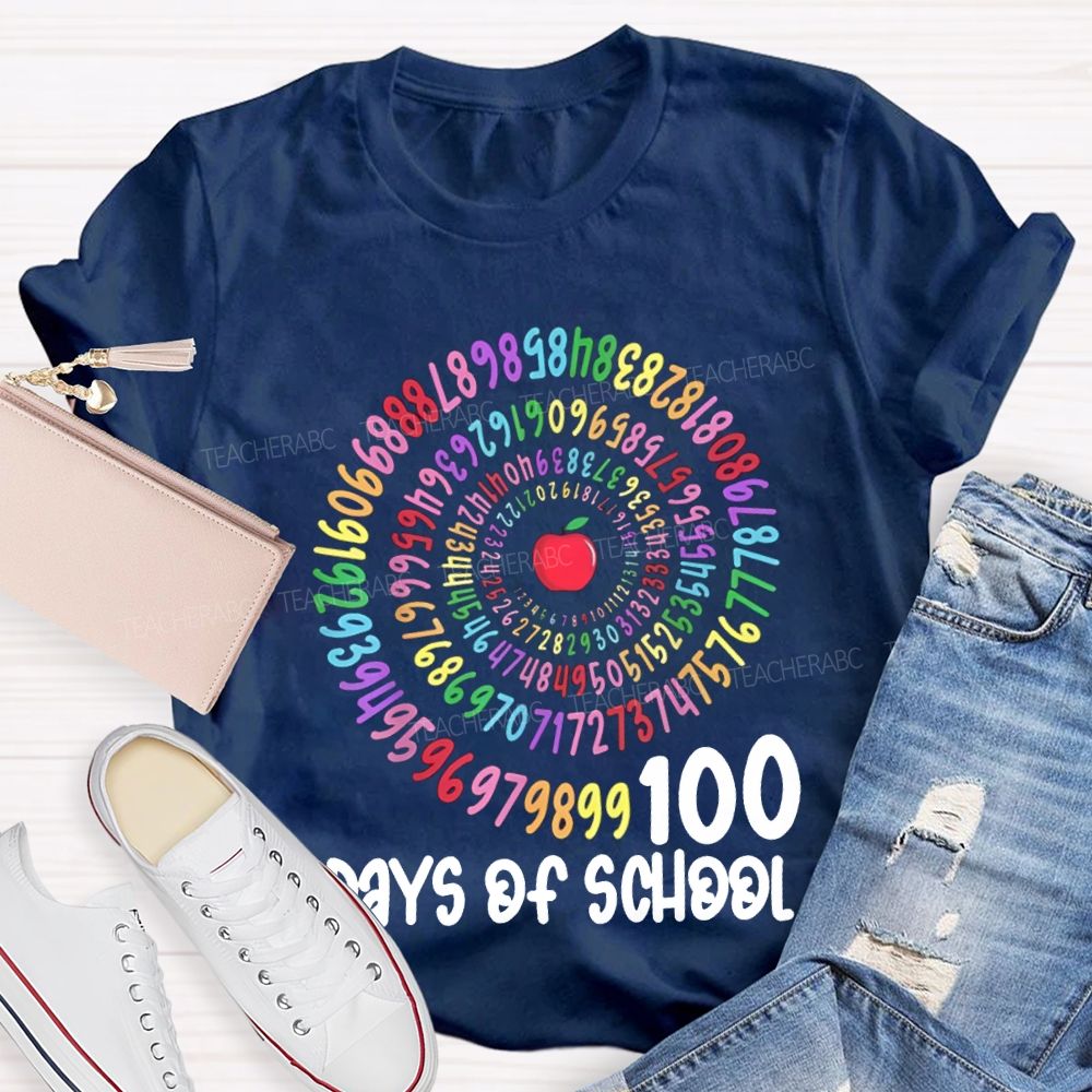 100 Days Of School Apple And Colorful Font Print T-shirt