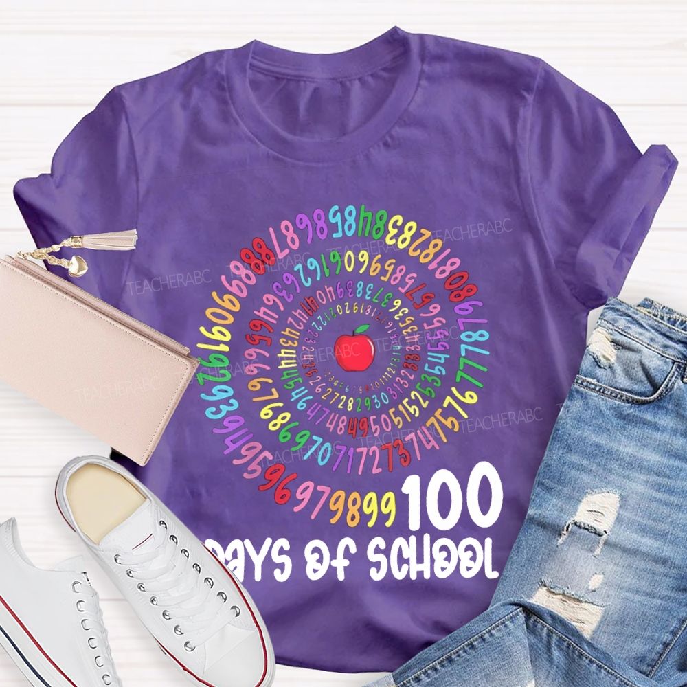 100 Days Of School Apple And Colorful Font Print T-shirt
