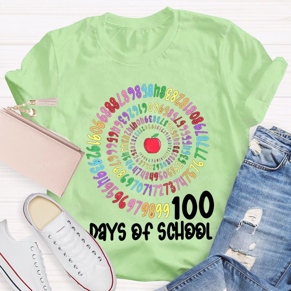 100 Days Of School Apple And Colorful Font Print T-shirt