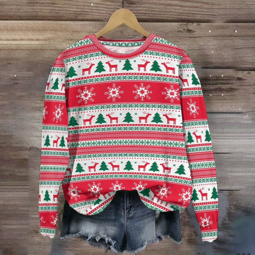Christmas-Themed Reindeer And Christmas Tree Print Crew Neck Sweatshirt