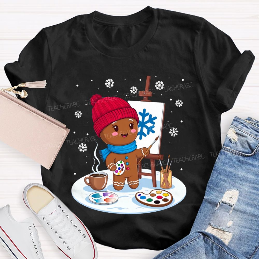 Gingerbread Man Drawing In The Snow Art Teacher Merry Christmas T-shirt