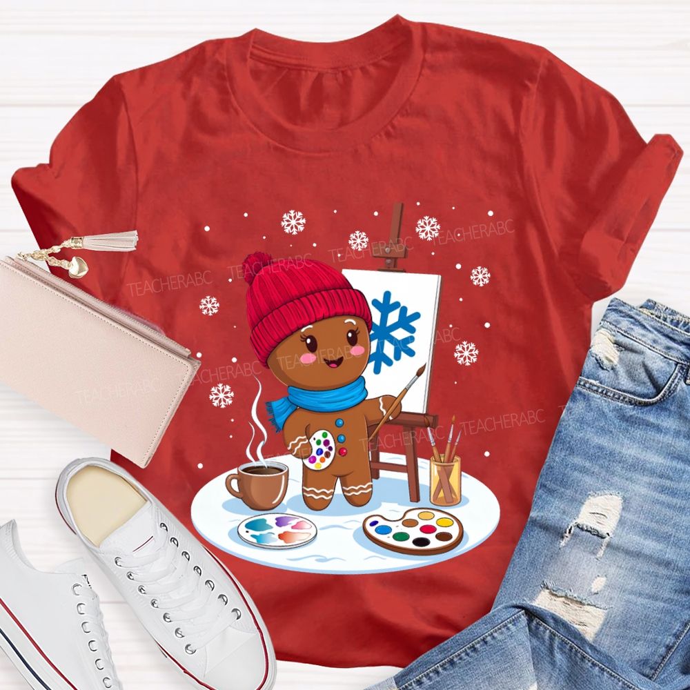 Gingerbread Man Drawing In The Snow Art Teacher Merry Christmas T-shirt