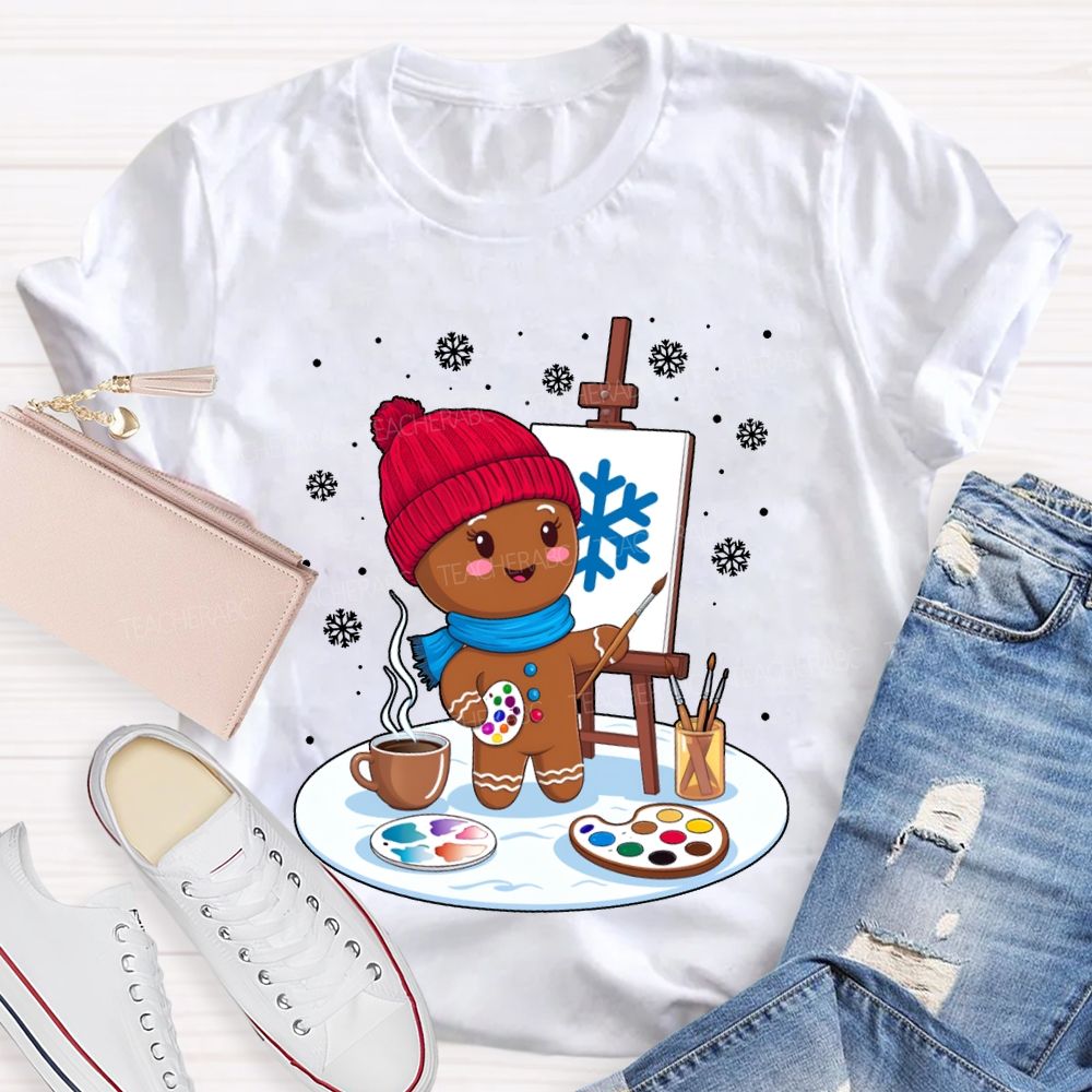 Gingerbread Man Drawing In The Snow Art Teacher Merry Christmas T-shirt