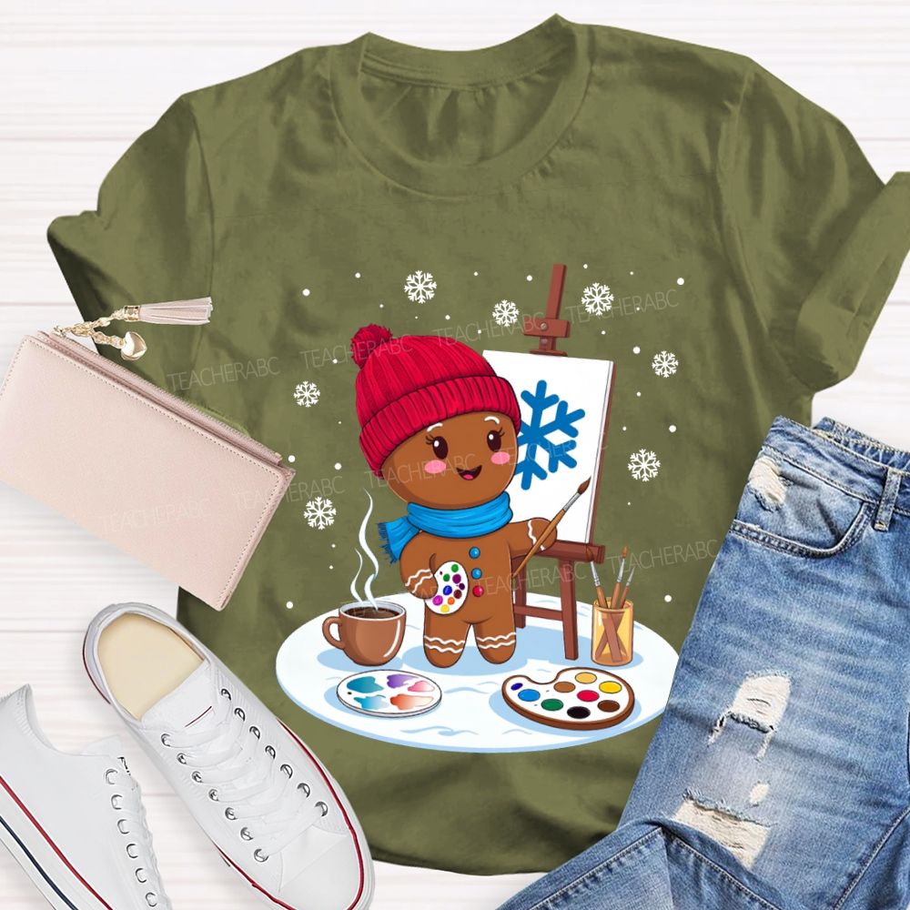 Gingerbread Man Drawing In The Snow Art Teacher Merry Christmas T-shirt