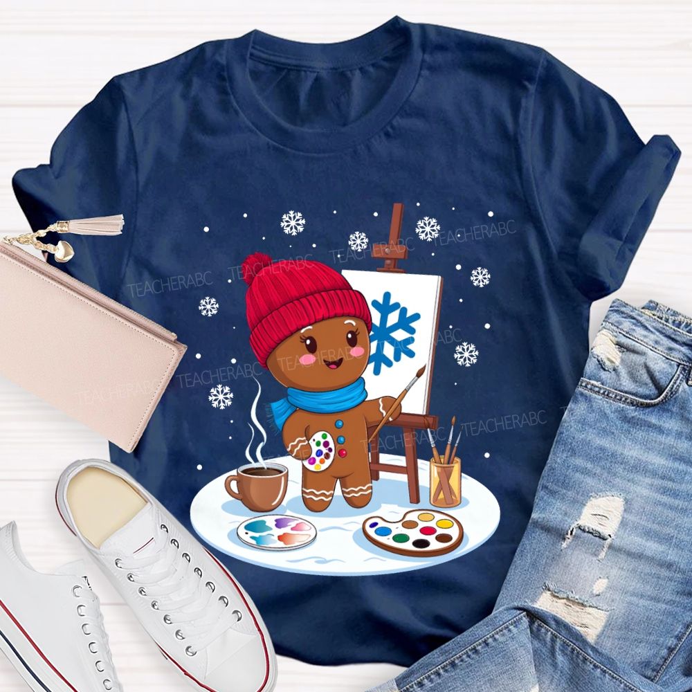 Gingerbread Man Drawing In The Snow Art Teacher Merry Christmas T-shirt