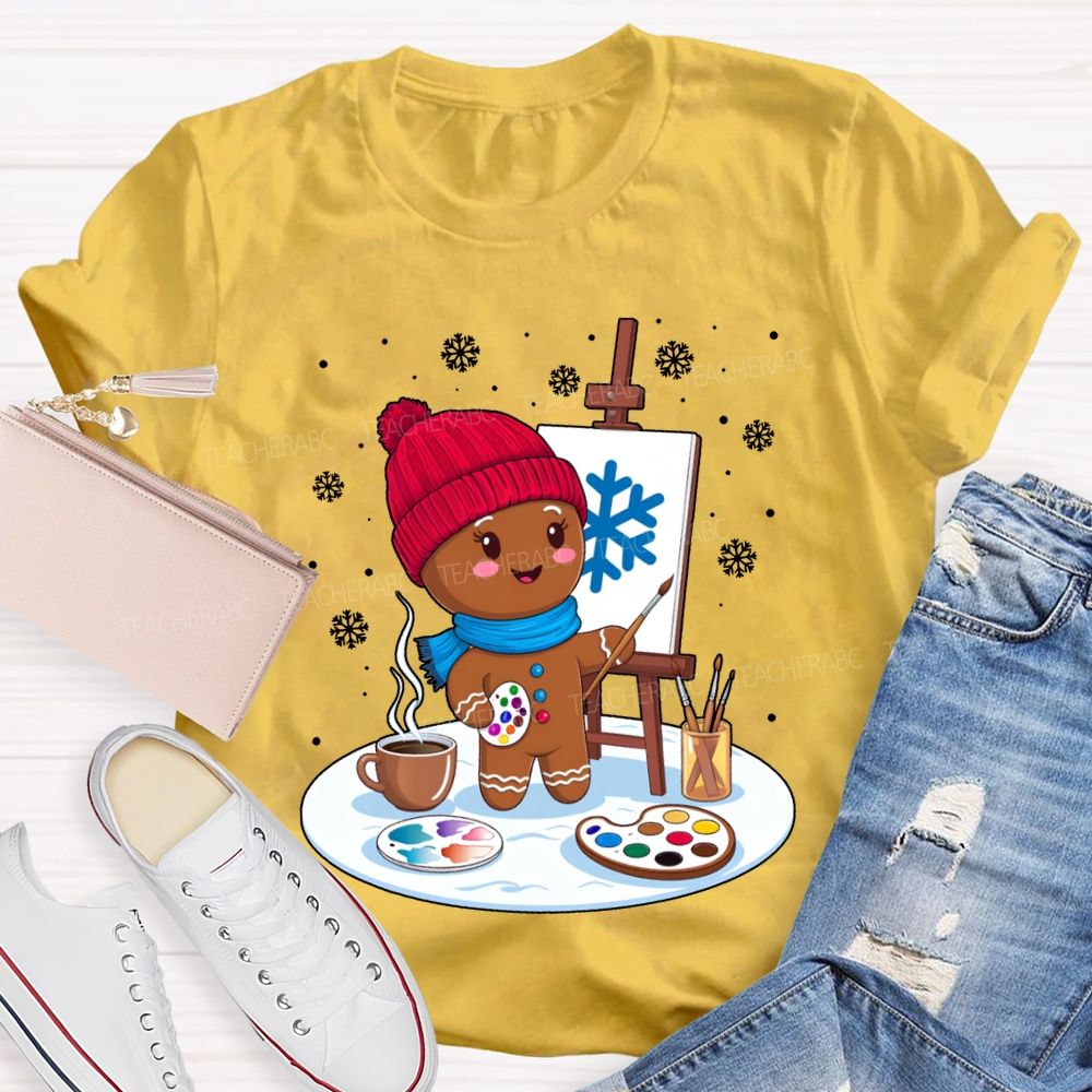 Gingerbread Man Drawing In The Snow Art Teacher Merry Christmas T-shirt