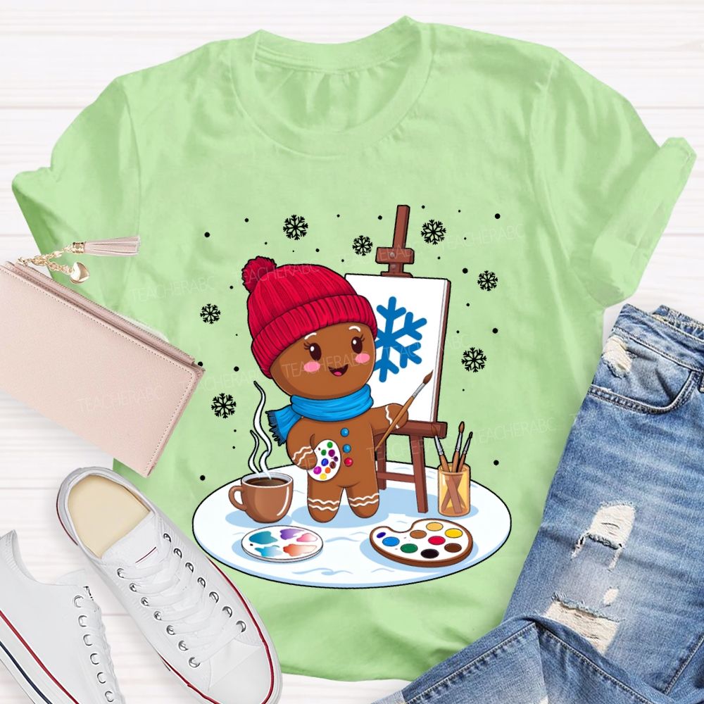 Gingerbread Man Drawing In The Snow Art Teacher Merry Christmas T-shirt