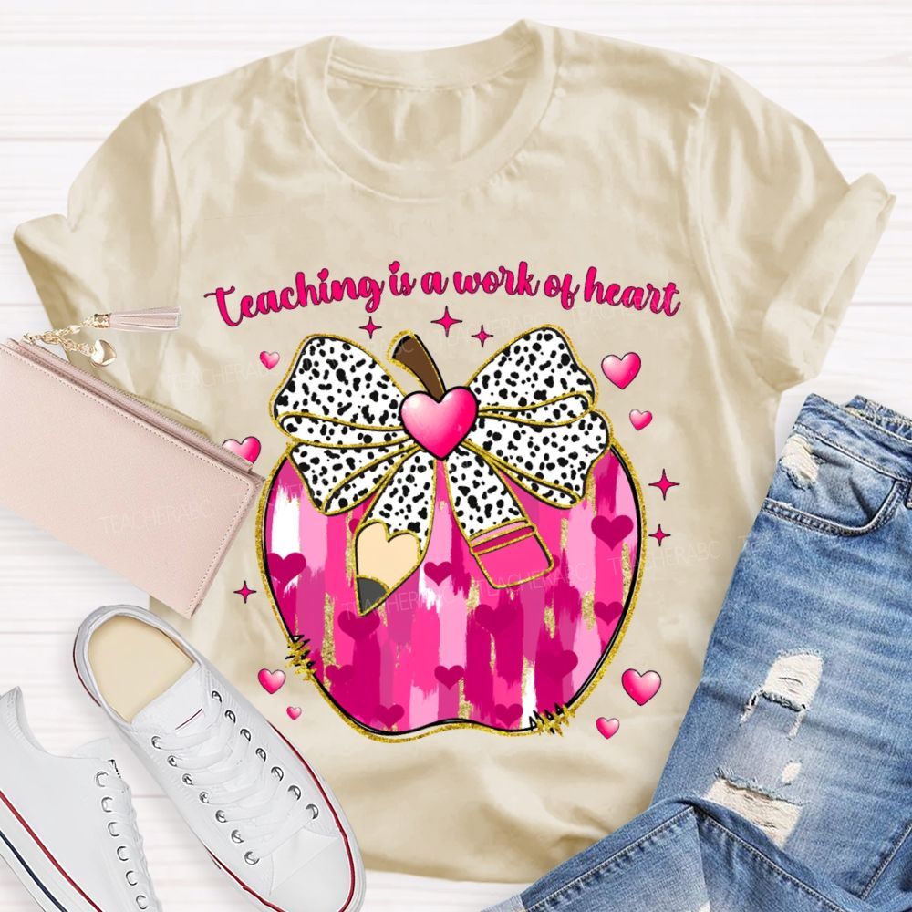 Teaching Is A Work Of Heart Polka Dot Bow And Tie-Dye Apple T-shirt