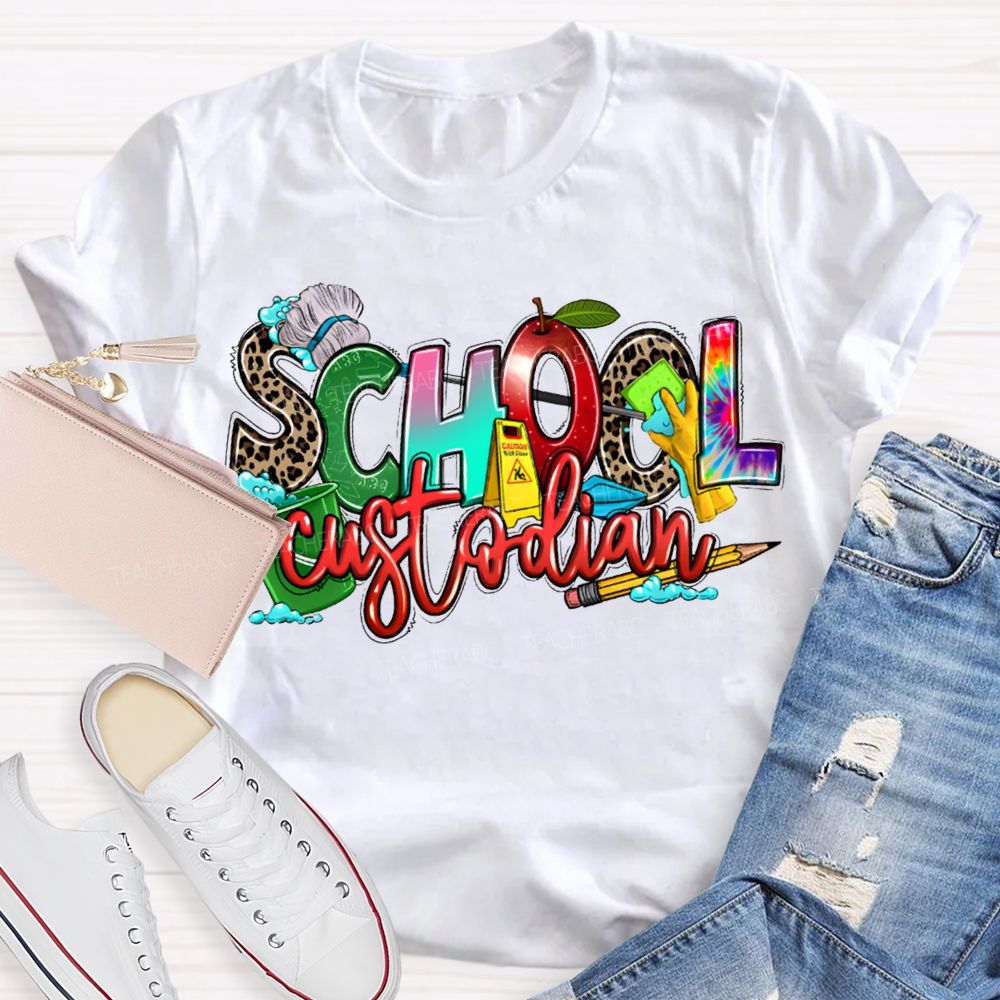 School Custodian Mop And Pencil Print T-shirt