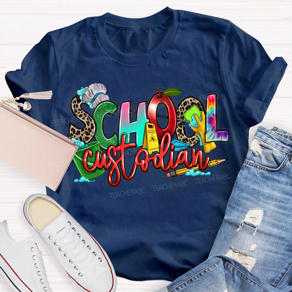 School Custodian Mop And Pencil Print T-shirt