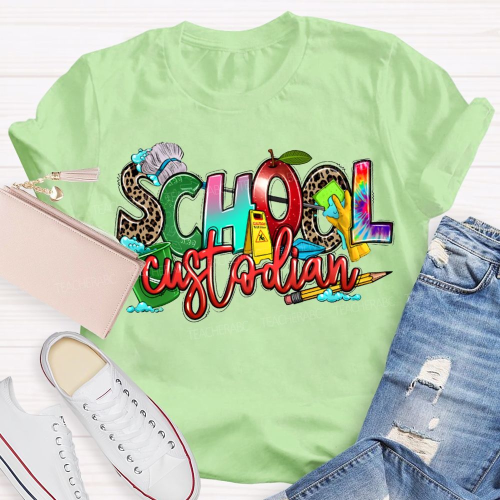 School Custodian Mop And Pencil Print T-shirt