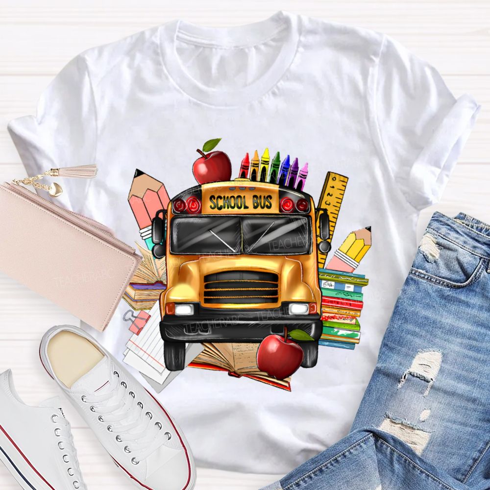 School Bus Apple Crayons And Books T-shirt