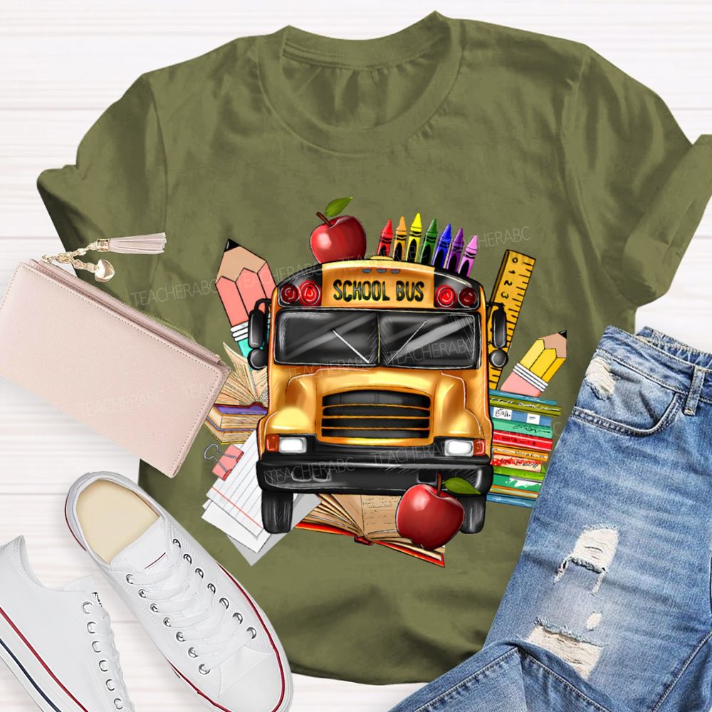 School Bus Apple Crayons And Books T-shirt
