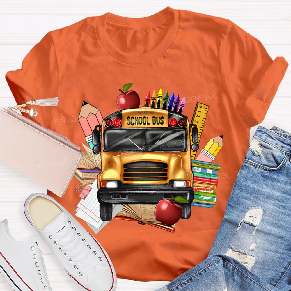 School Bus Apple Crayons And Books T-shirt