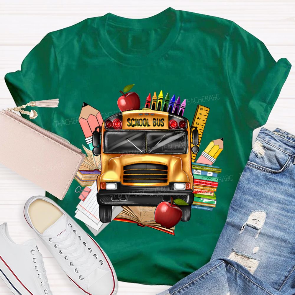 School Bus Apple Crayons And Books T-shirt