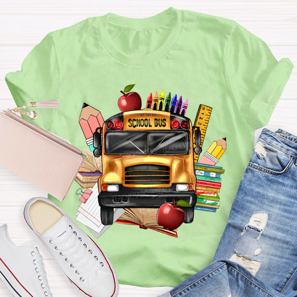 School Bus Apple Crayons And Books T-shirt