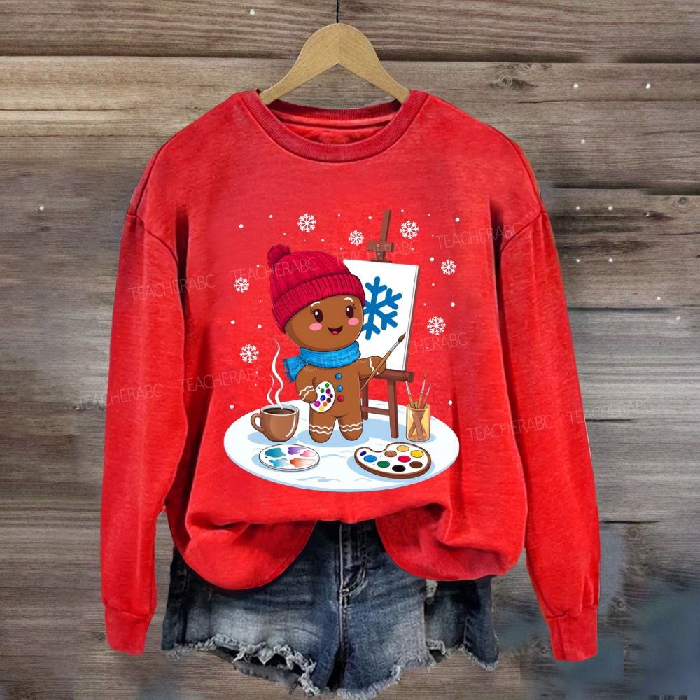 Gingerbread Man Drawing In The Snow Art Teacher Sweatshirt