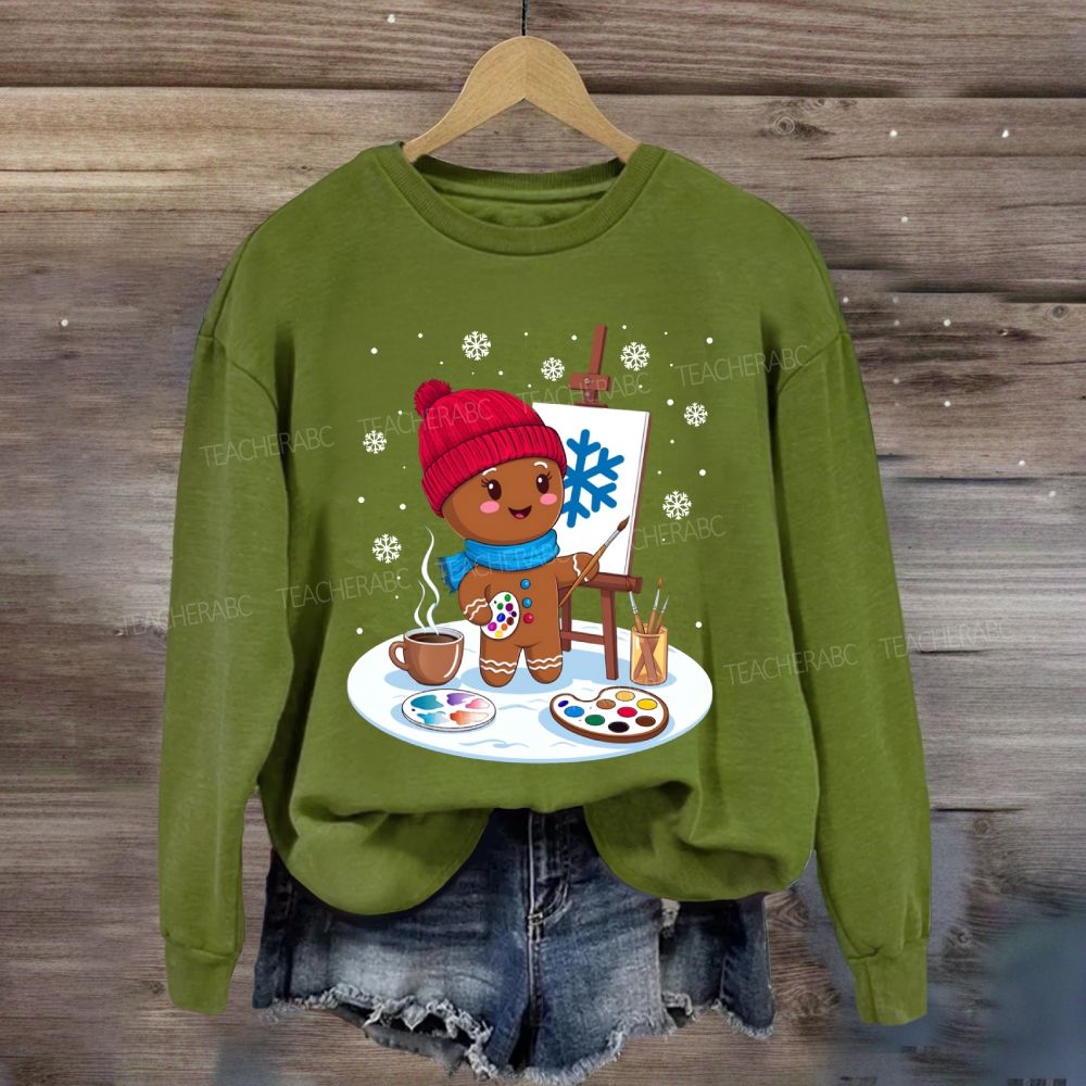 Gingerbread Man Drawing In The Snow Art Teacher Sweatshirt