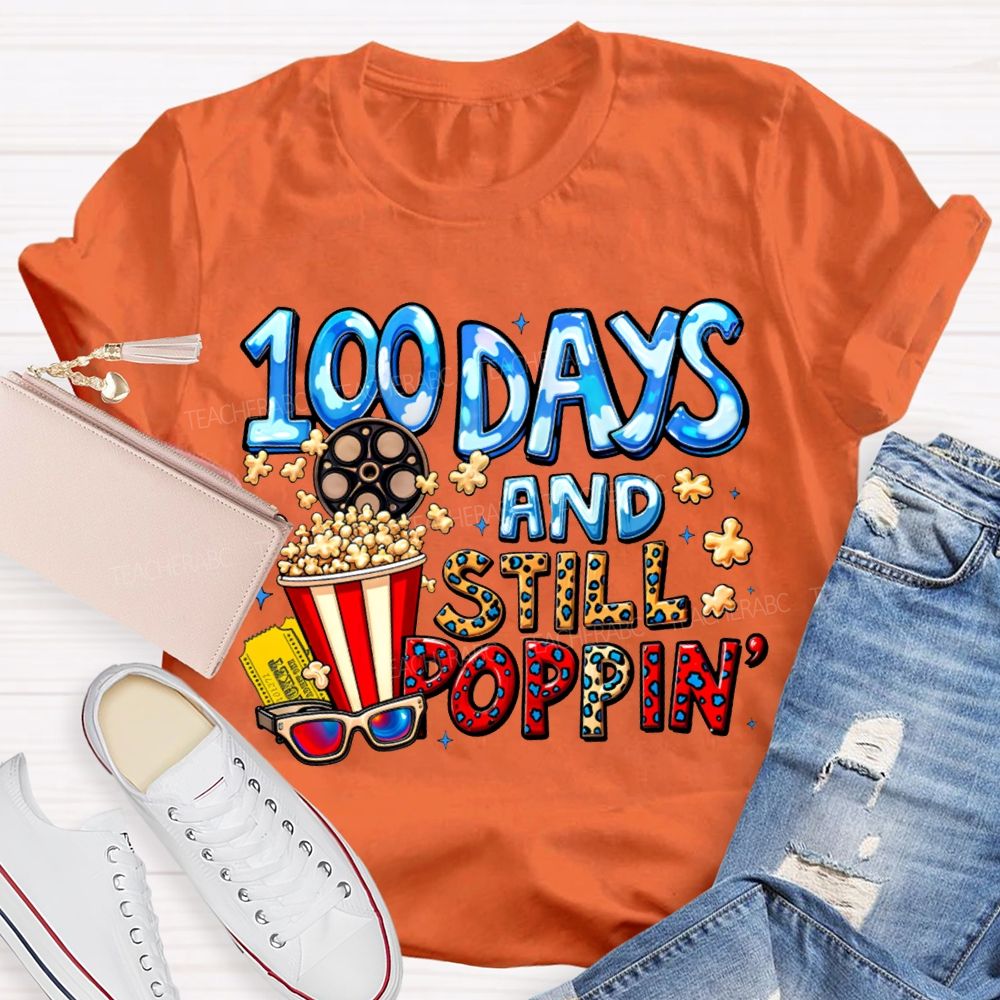 100 Days And Still Poppin Popcorn And Leopard Print Font T-shirt