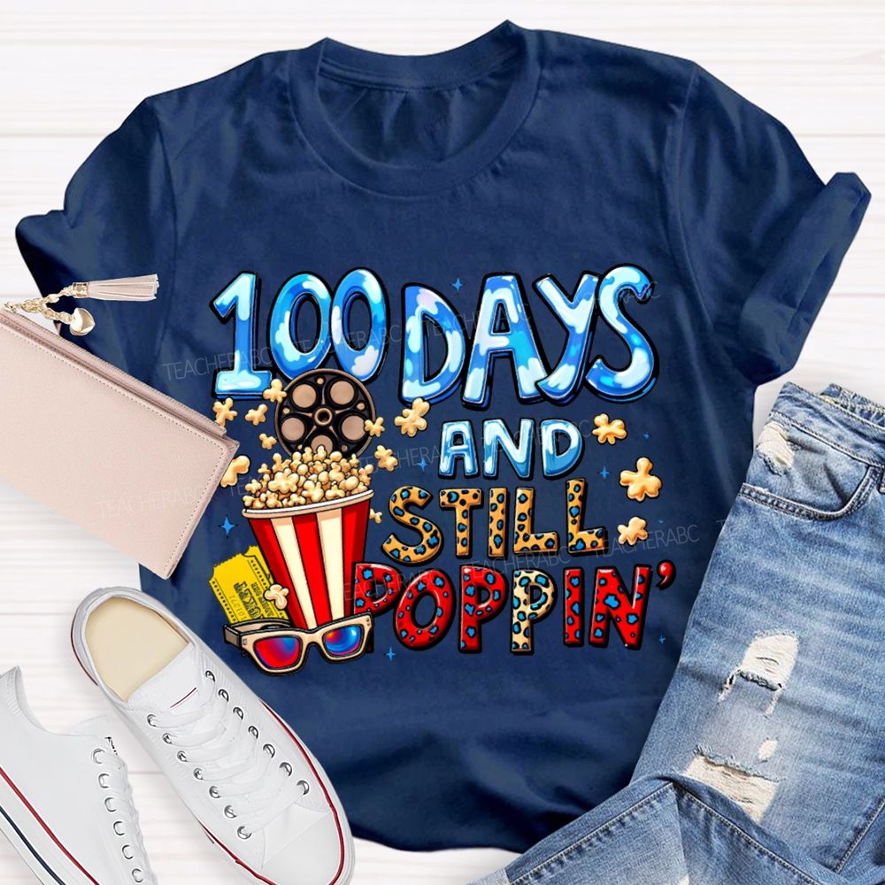 100 Days And Still Poppin Popcorn And Leopard Print Font T-shirt