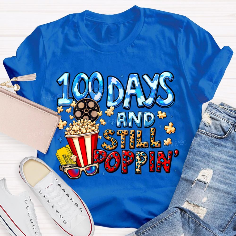 100 Days And Still Poppin Popcorn And Leopard Print Font T-shirt