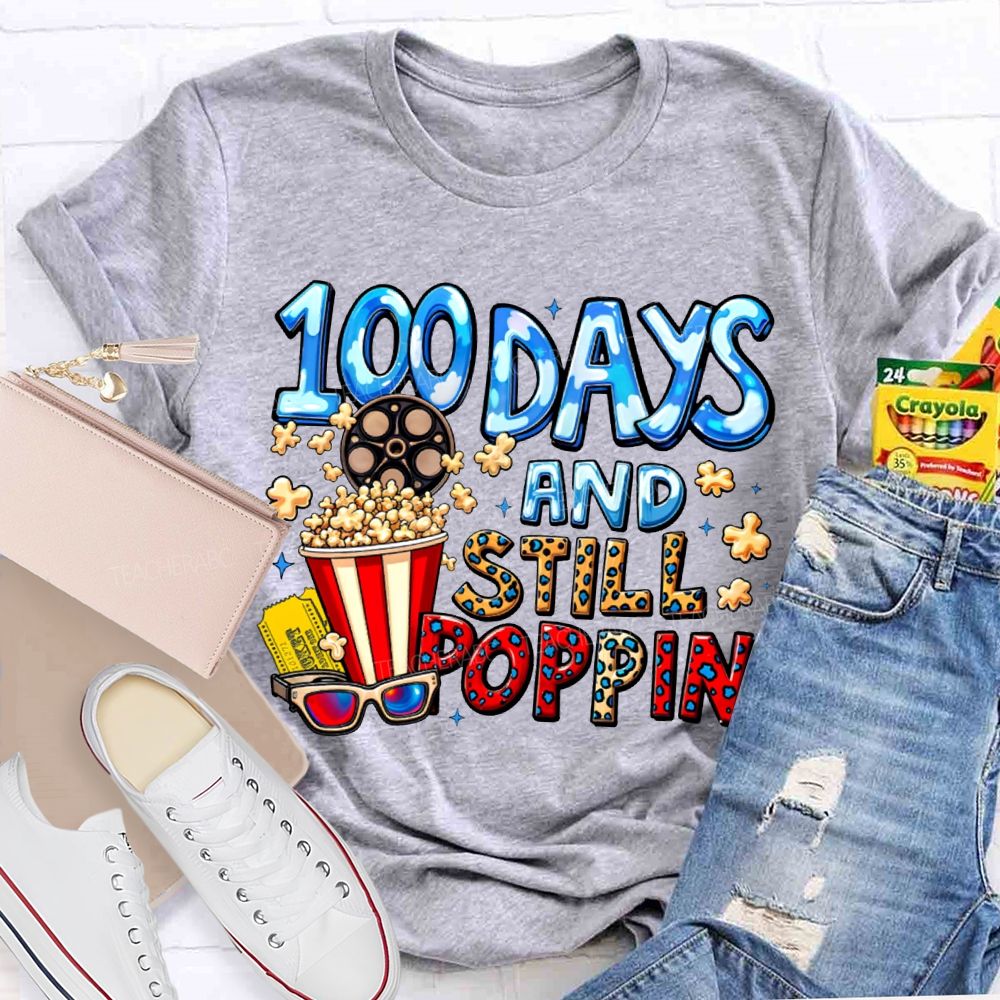 100 Days And Still Poppin Popcorn And Leopard Print Font T-shirt