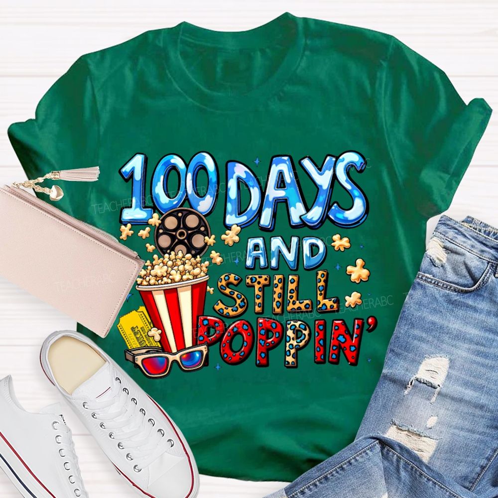 100 Days And Still Poppin Popcorn And Leopard Print Font T-shirt