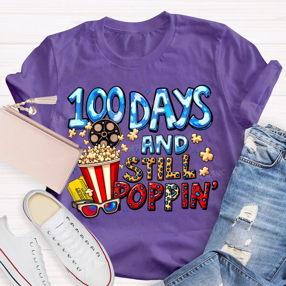 100 Days And Still Poppin Popcorn And Leopard Print Font T-shirt