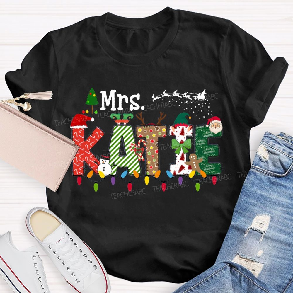 Personalized Name Christmas Lights And Christmas Vibes Fonts T-shirt