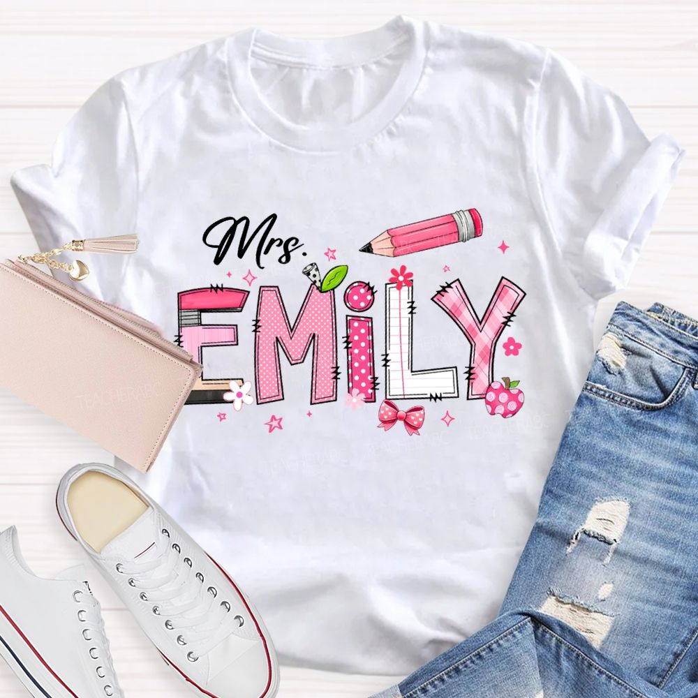 Personalized Name Pink Bow And Pencil  T-shirt