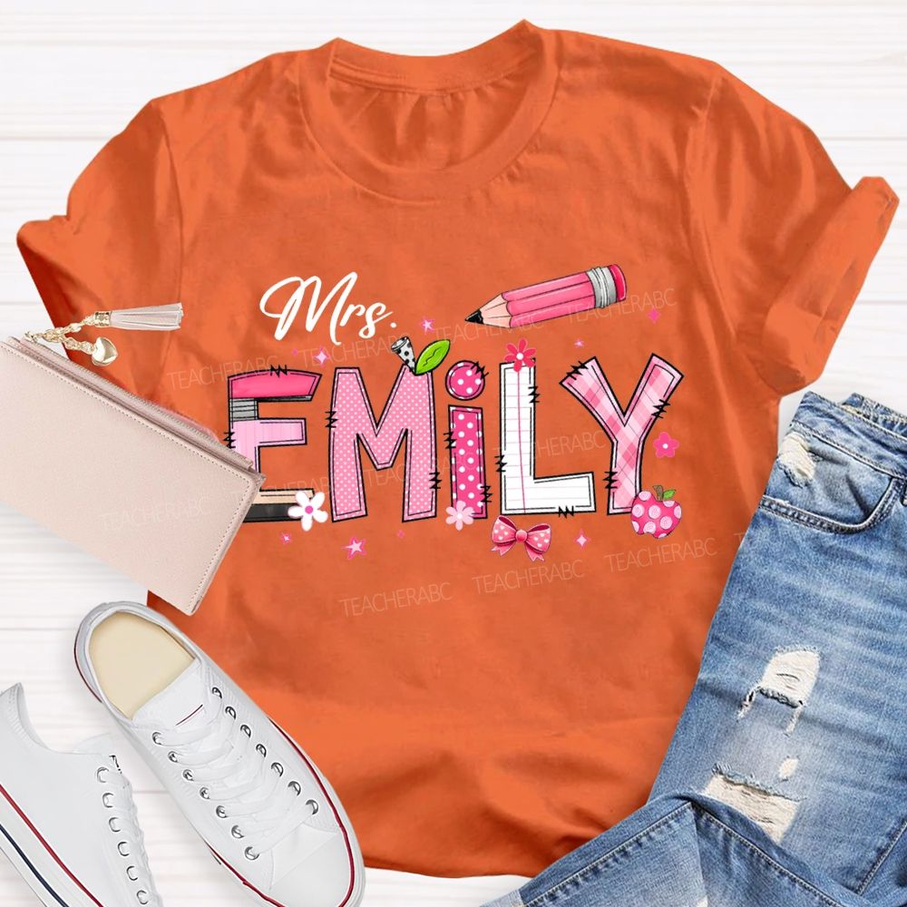 Personalized Name Pink Bow And Pencil  T-shirt