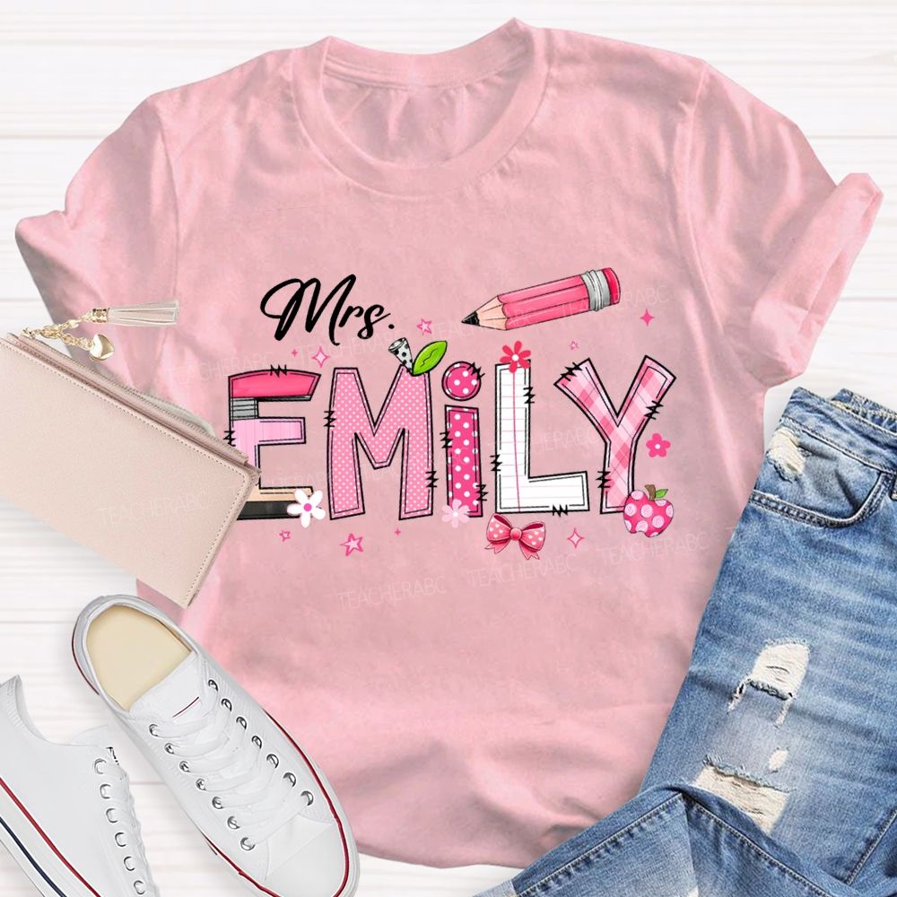 Personalized Name Pink Bow And Pencil  T-shirt
