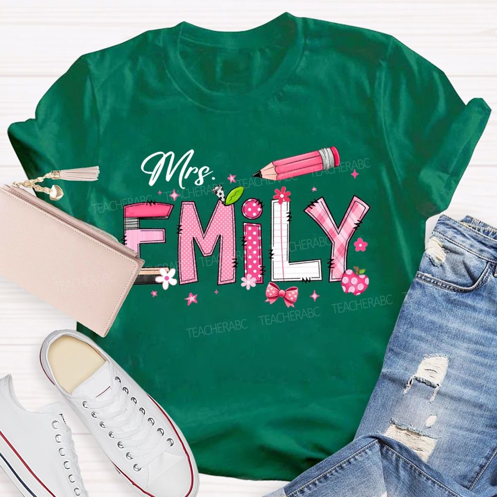 Personalized Name Pink Bow And Pencil  T-shirt