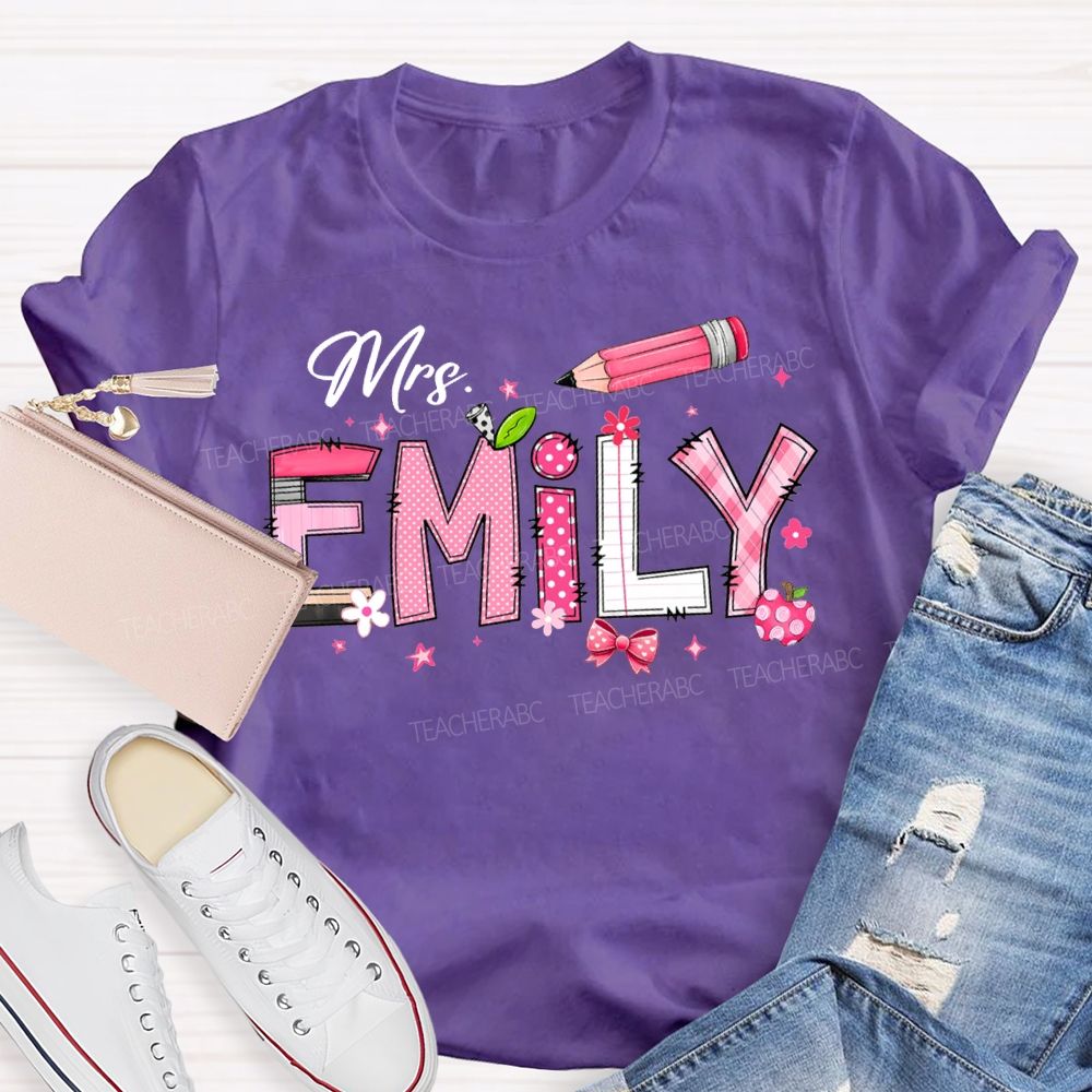Personalized Name Pink Bow And Pencil  T-shirt