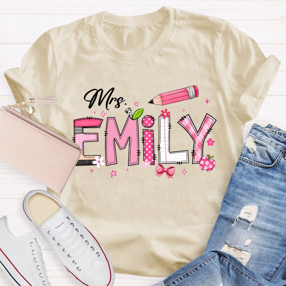 Personalized Name Pink Bow And Pencil  T-shirt