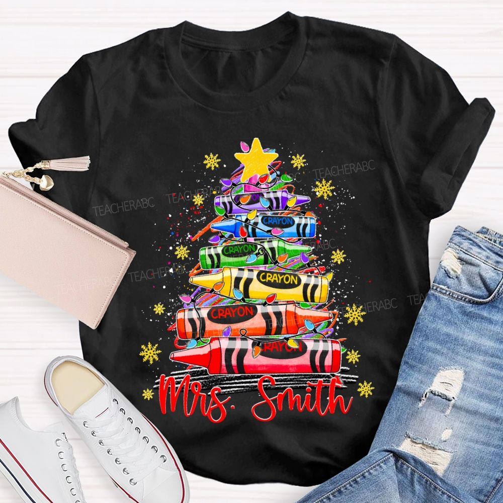 Personalized Name Colored Crayon Christmas Tree And Snowflake Christmas T-shirt