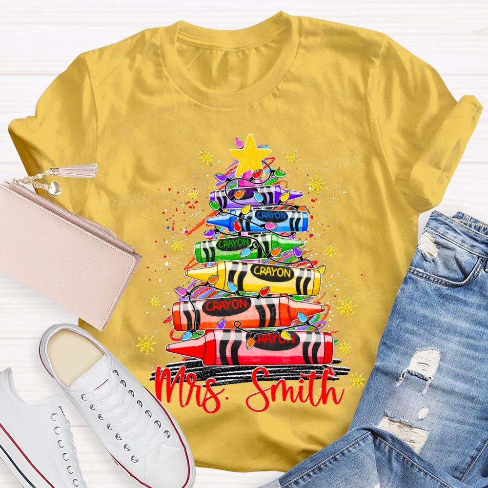 Personalized Name Colored Crayon Christmas Tree And Snowflake Christmas T-shirt