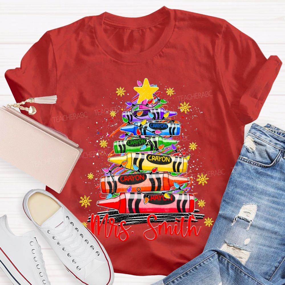 Personalized Name Colored Crayon Christmas Tree And Snowflake Christmas T-shirt