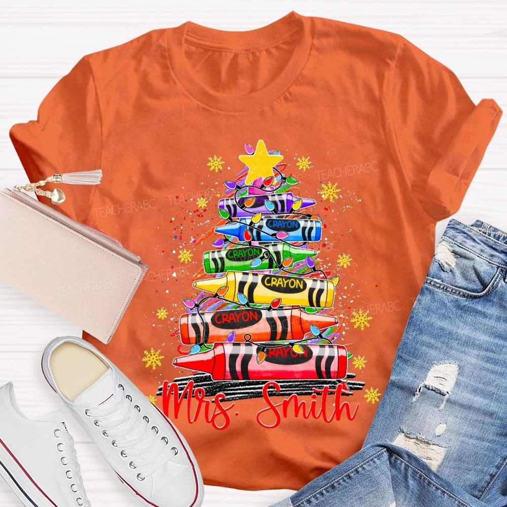 Personalized Name Colored Crayon Christmas Tree And Snowflake Christmas T-shirt
