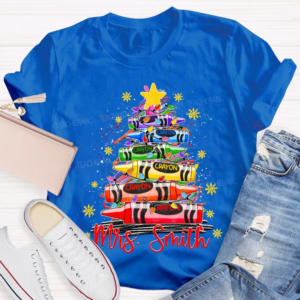 Personalized Name Colored Crayon Christmas Tree And Snowflake Christmas T-shirt