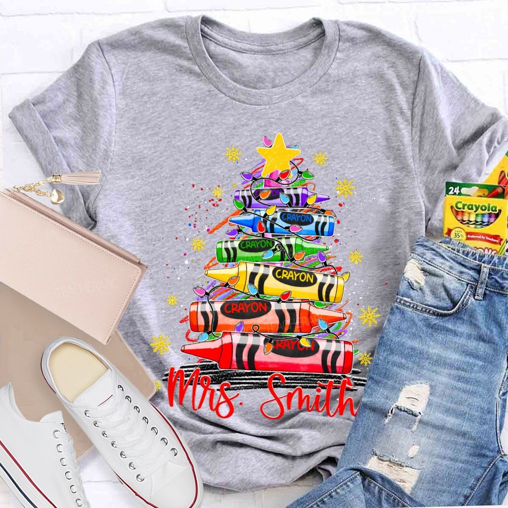 Personalized Name Colored Crayon Christmas Tree And Snowflake Christmas T-shirt