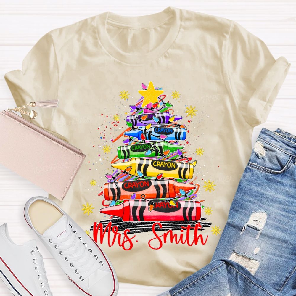Personalized Name Colored Crayon Christmas Tree And Snowflake Christmas T-shirt