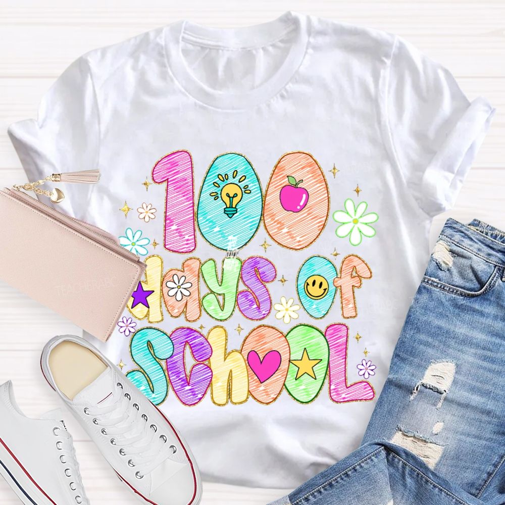 100 Days Of School Colorful Patterned Printed Fonts T-shirt